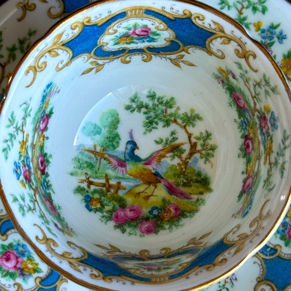 Foley English Bone China DEMITASSE Teacup Saucer ‘Broadway’ Bird Blue Scrolls - Picture 11 of 13